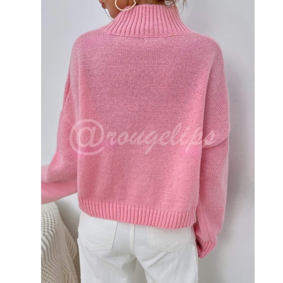 Pink Turtleneck Oversized Pullover Knit Sweater Drop Shoulder - Picture 4 of 8
